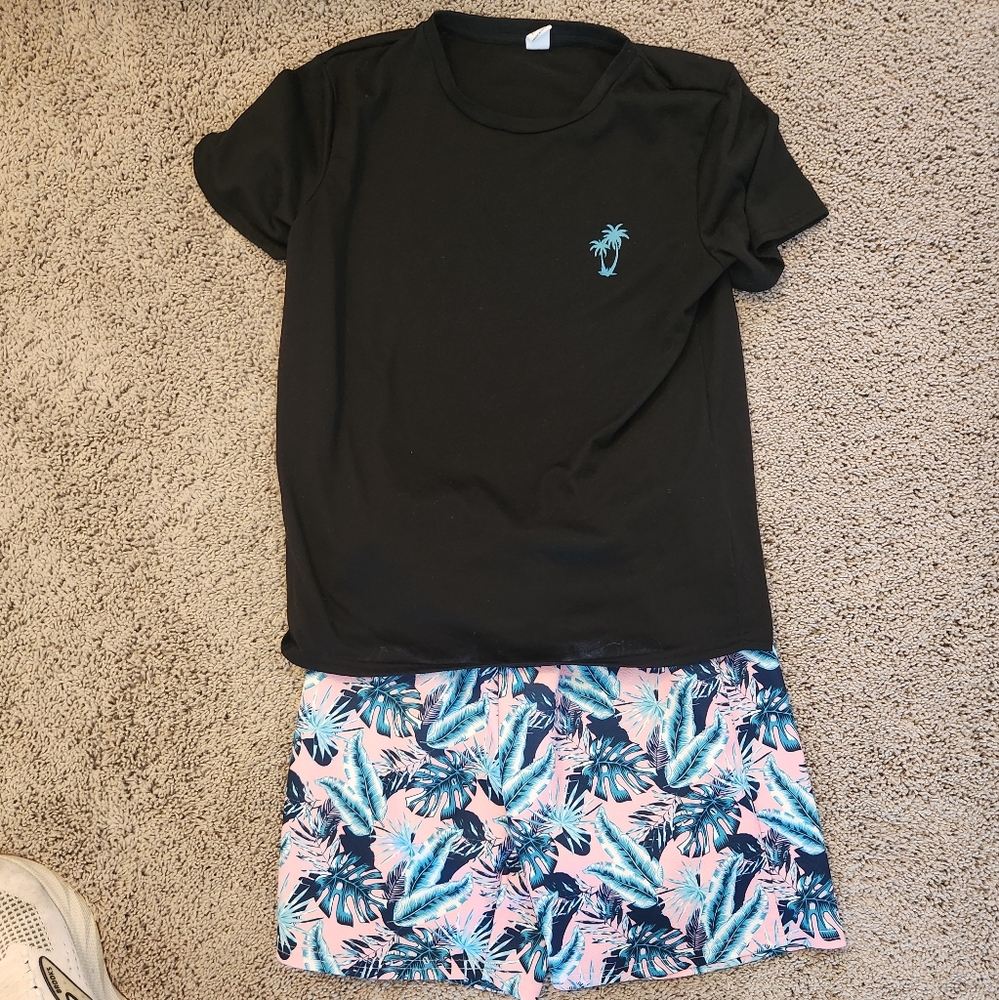 Black Palm Tree T-Shirt with Tropical Shorts